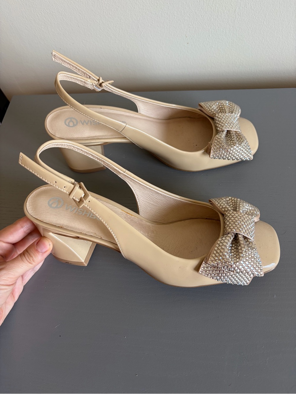 Wishbone Nude Slingback Peep-Toe Heels with Crystal Bow